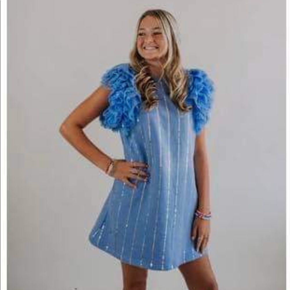 QUEEN OF SPARKLES Blue Mini Dress with Puffy Sleeve Detail